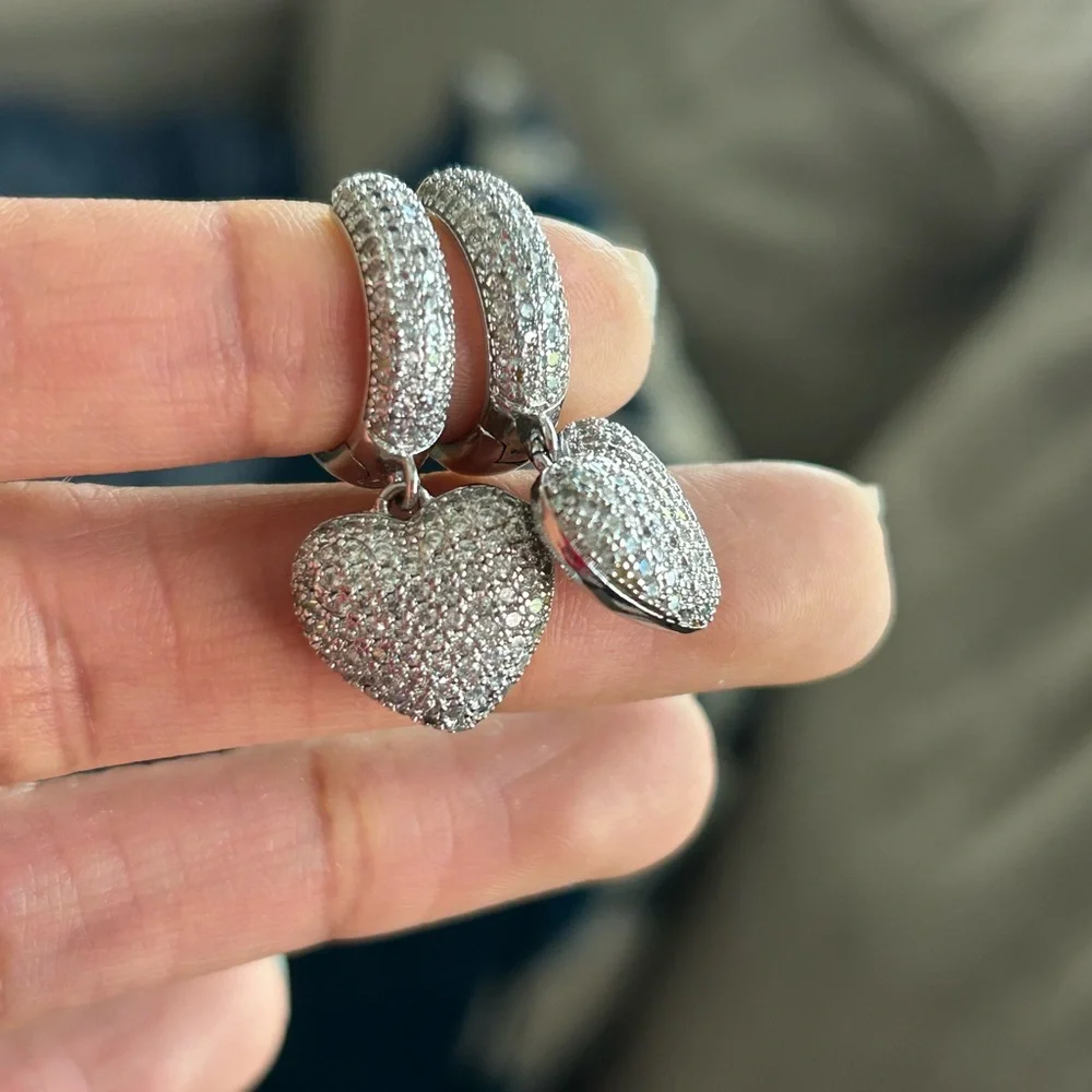 Diamond Crystal Heart Drop Earrings - Picture 2 of 7